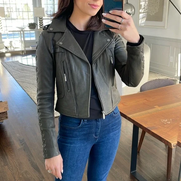 BCBG MaxAzria Genuine Leather Olive Coat with Lace Up XXS - Picture 2 of 16